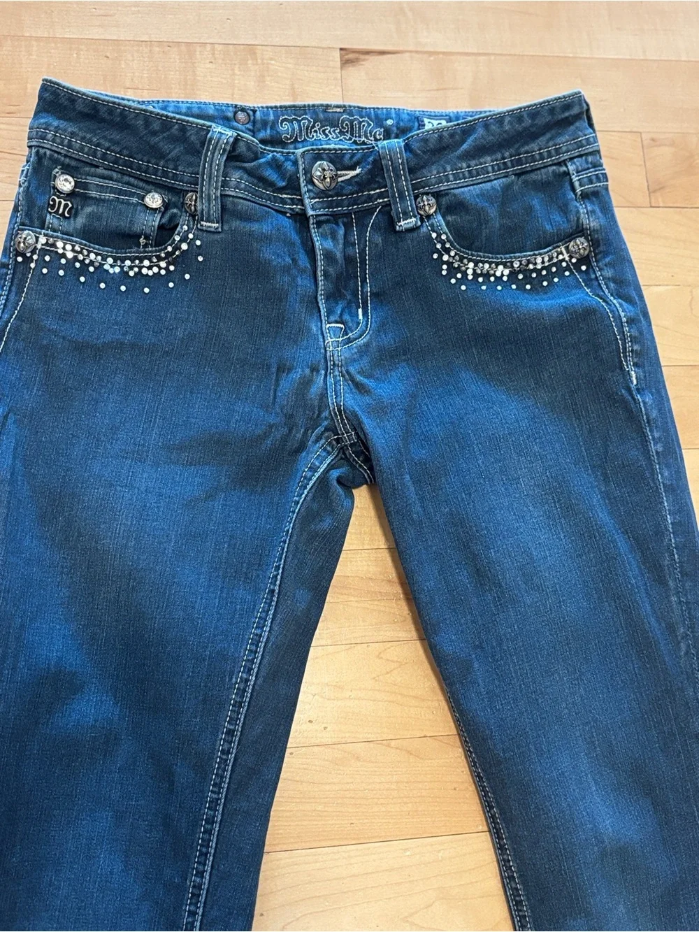 Miss Me Medium-Dark Blue Skinny Jeans with Rhinestone Trim - Picture 5 of 16